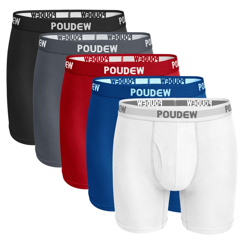 POUDEW Men's Breathable Viscose Moisture Wicking No Roll Waistband Tagless Underwear Boxer Briefs, Pack of 5 (Large, Black/Grey/Red/Blue/White) - Image 1